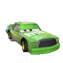 a green toy car from cars is sitting on a white surface .