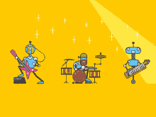 a cartoon of a robot playing a guitar and a keyboard