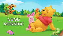 a picture of winnie the pooh with piglet and tigger says good morning