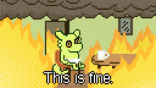 a pixel art of a cat sitting at a table with the words this is fine