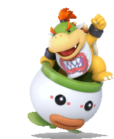 a cartoon character named bowser is sitting inside a green and white bowl