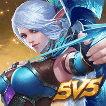 an advertisement for a video game called 5v5 shows a woman with white hair holding a bow and arrow