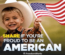 a boy in a cowboy hat holds an american flag