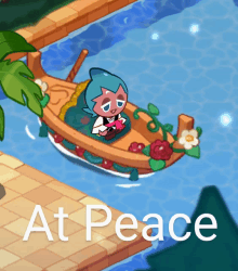 a cartoon character is in a boat with the words at peace below it