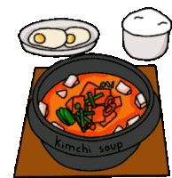 a drawing of a bowl of kimchi soup next to a plate of eggs and a bowl of rice