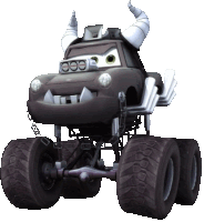 a cartoon monster truck with horns and huge wheels