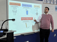 a man stands in front of a projector screen that says " i need a pencil please " on it