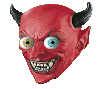 a red devil mask with horns and googly eyes