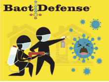 an advertisement for bact defense shows two people spraying a virus with a spray bottle