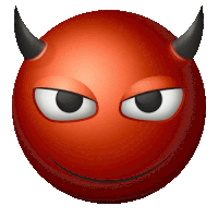 a red devil smiley face with horns and evil eyes