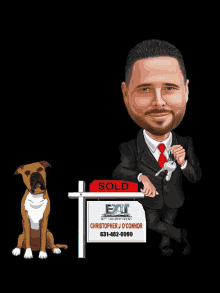 a cartoon of a man holding keys next to a dog and a sold sign