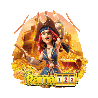 a woman in a pirate outfit is holding a gun in front of a pile of gold and the words rama 123 on the bottom