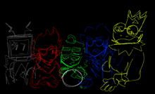 a drawing of a group of cartoon characters with one wearing glasses and a crown