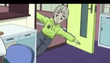 a cartoon character is flying through the air in a room next to a desk and chair .