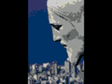 a pixelated image of a statue of jesus looking down at a city