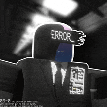 a black and white image of a person wearing a helmet that says error on it