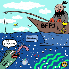 a cartoon of a man in a boat with bfp1 written on it