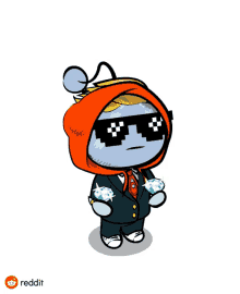 a cartoon character is wearing a suit and sunglasses and has a reddit logo behind him