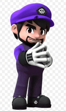 a cartoon character wearing a purple hat with a skull on it