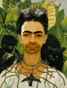 a painting of a man with a bird necklace and a black cat