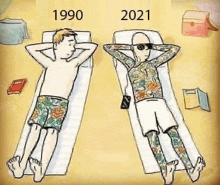 a cartoon of two men laying on a beach in the 1990s and 2021 .