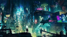 a futuristic city at night with a man standing on top of a building .