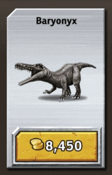 a picture of a dinosaur called baryonyx with a price tag of 8,450