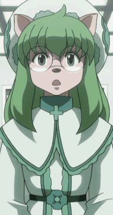 a girl with green hair and glasses has a cross on her collar