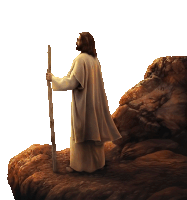 a painting of jesus standing on a rock holding a cane