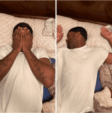 a man laying on a bed with his hands on his face