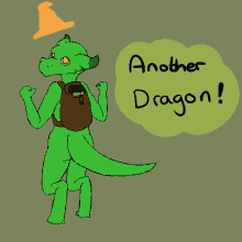 a drawing of a green lizard with a backpack and a hat that says wizard