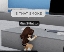 a girl sitting at a desk with a speech bubble that says is that smoke