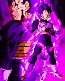 vegeta from dragon ball z is standing in front of a purple background with fire coming out of him .