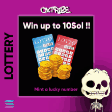 a lottery poster with a skeleton and a stack of coins