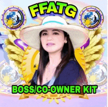 a woman wearing a hat with the words ffatg boss / co-owner kit on the bottom