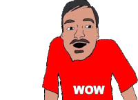 a cartoon of a man wearing a red shirt with wow written on it