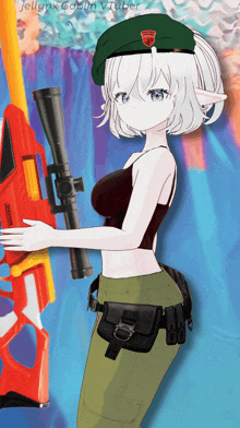 a girl holding a nerf gun with jellynx goblin vtuber written on the bottom right