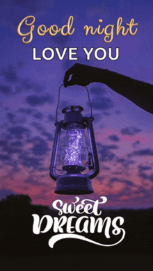 a person is holding a lantern with the words good night love you sweet dreams