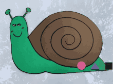 a green and brown snail with a pink circle on its tail