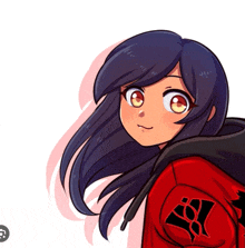 a girl with long black hair is wearing a red jacket with a black emblem on the sleeve