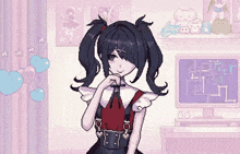 a pixel art of a girl with pigtails standing in front of a computer screen .