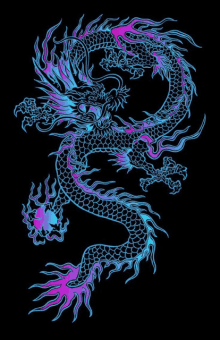 a blue and purple dragon with flames on a black background