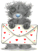 a teddy bear holding an envelope with red hearts on it