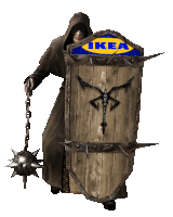 a man holding a wooden shield with ikea written on it