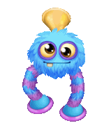 a blue and purple monster with a yellow object on top of it