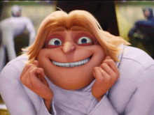 a cartoon character with blonde hair is smiling with his hands on his chin