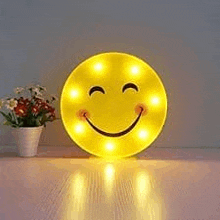 a lighted smiley face is sitting on a table next to a pot of flowers .