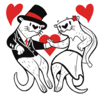 a black and white drawing of a bride and groom otter holding hands