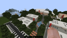 an aerial view of a building in minecraft with a g on the front