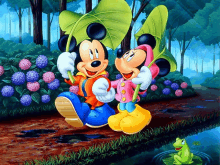 a painting of mickey mouse and minnie mouse holding umbrellas